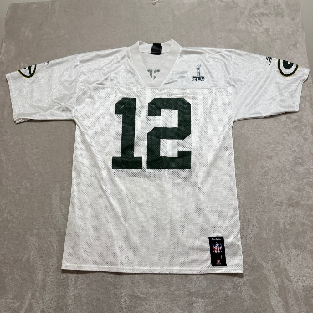 VTG Reebok Green Bay Packers Aaron Rodgers Jersey Men L White Super Bowl XLV Y2K